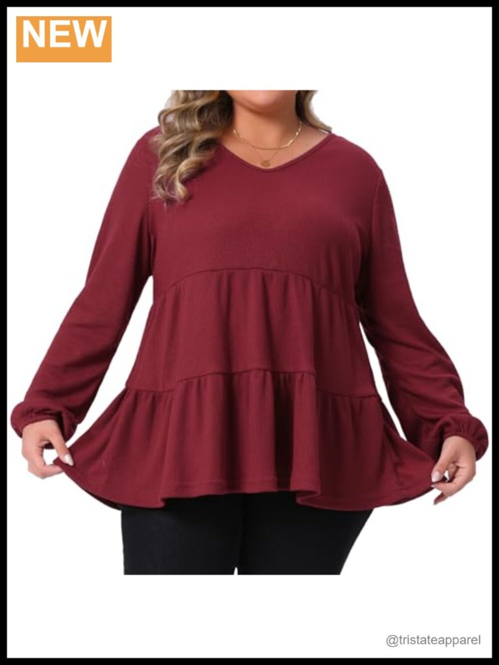 Plus Size Babydoll Top V Neck Long Sleeve Waffle Peplum Blouse Tunic